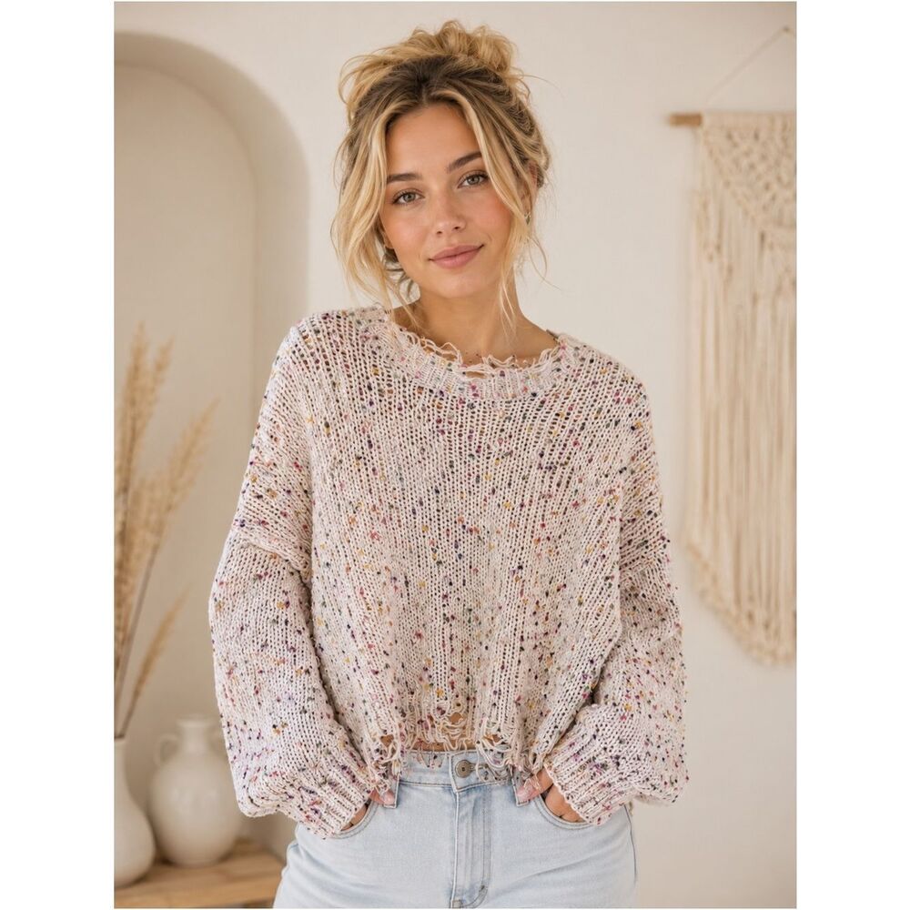 Anthropologie POL Multicolor Speckled Knit Sweater - Casual Cropped Pullover - Picture 1 of 5